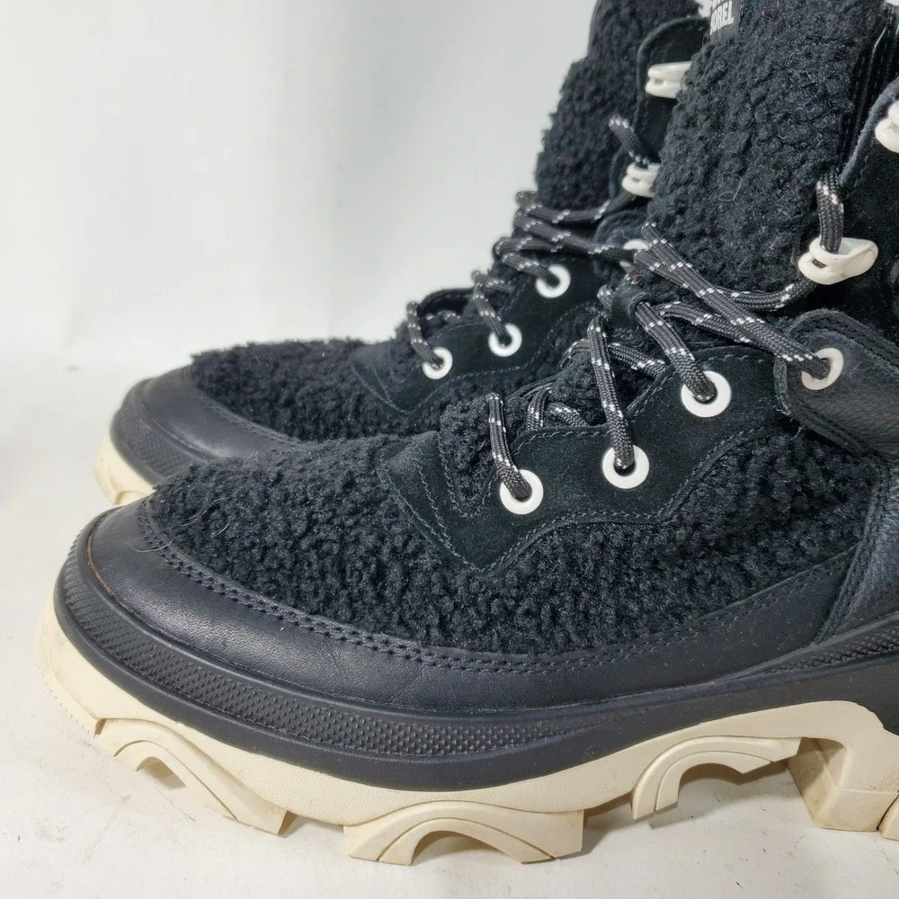 Sorel Boots Womens 9.5 Black White Shearling Brex Cozy Chunky Heel Lug Sole